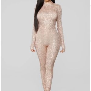 Fashion Nova NWOT Rose Gold Sequin Jumpsuit